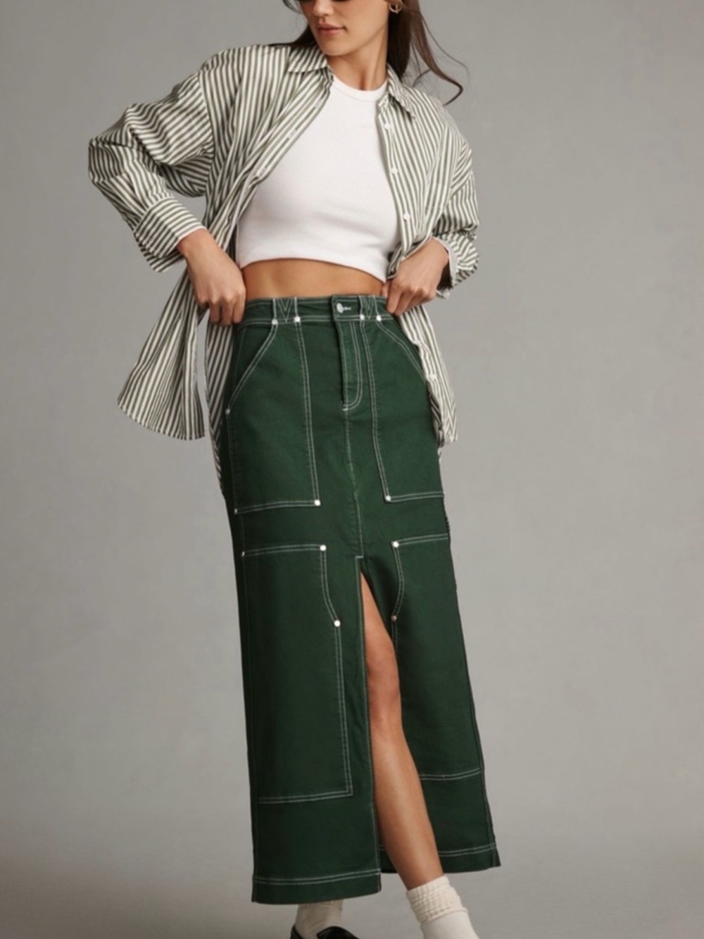 Pilcro Olive Green Maxi Skirt with White Topstitching